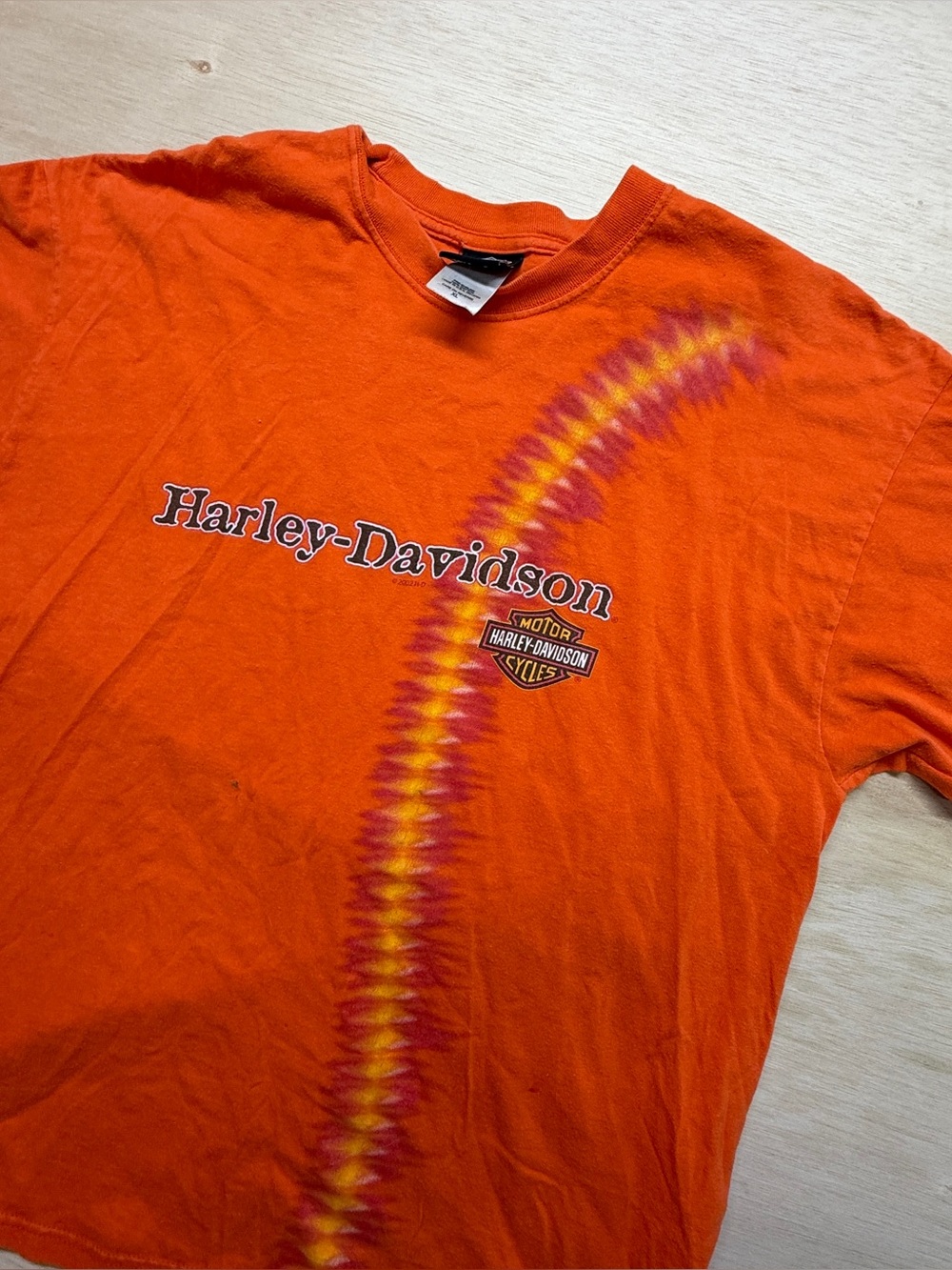 VTG 2002 Harley Davidson T Shirt Gowanda NY Orange Tie Dye Hanes Beefy T XL USA